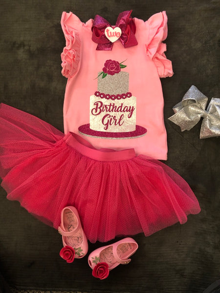 PINK BIRTHDAY GIRL TOP w/ SILVER CAKE