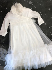 MUD PIE WHITE GOWN WITH CHIFFON RUFFLE COMING HOME