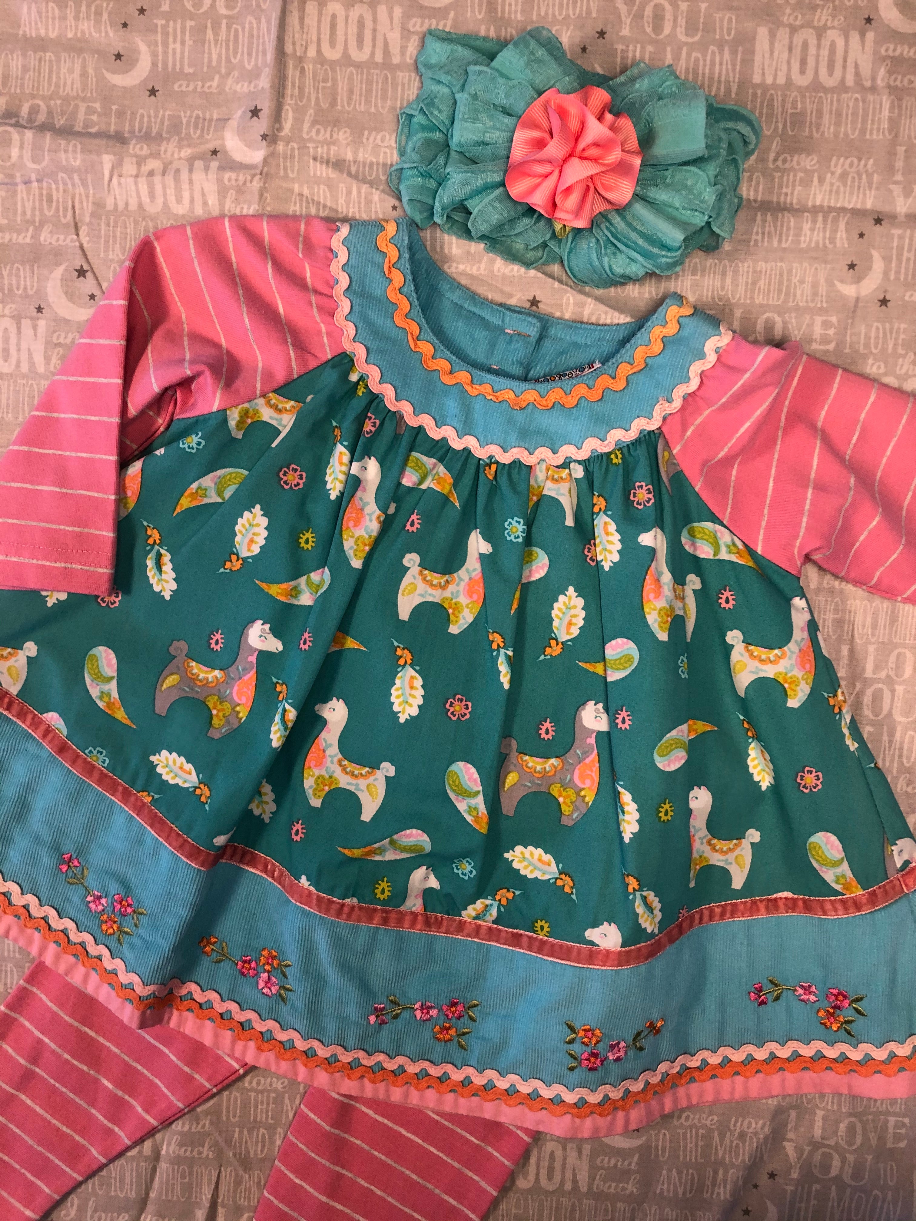 COTTON KIDS LLAMA DRESS & PANT SET